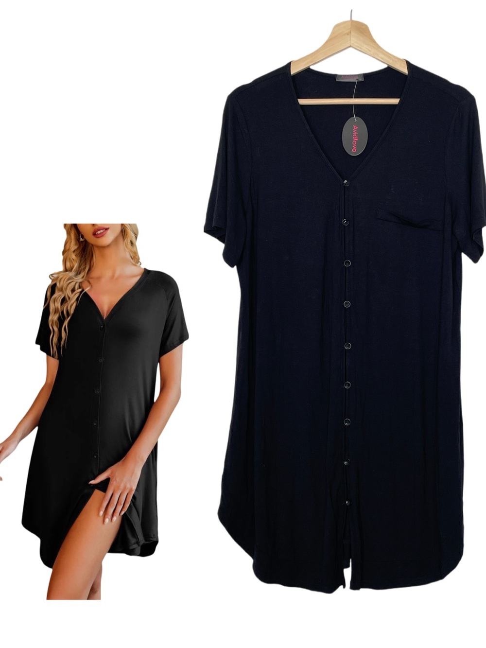 Avidlove Casual V-Neck Button Down Nightgown in Black Size Medium NWT